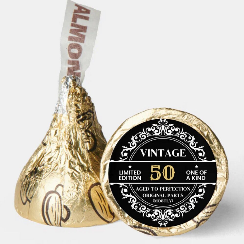 Vintage 50th Birthday Kisses Candy Stickers | 100ct|Glossy|0.75in